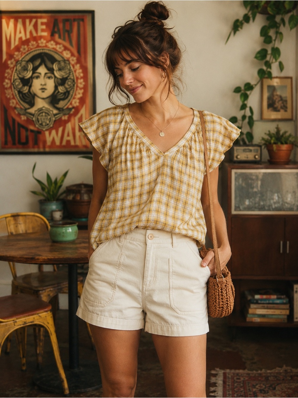 Old Navy Plaid Gauze Peasant Top Cotton Yellow White Size Small